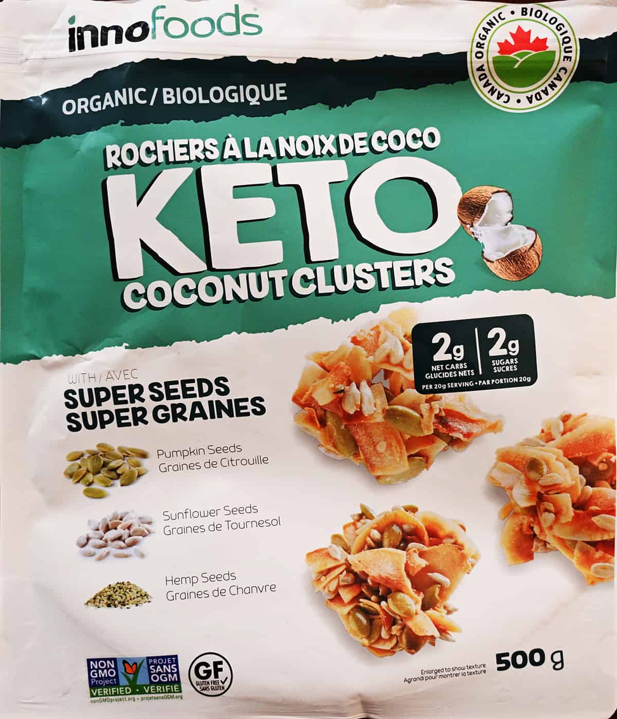Closeup image of the front of the keto coconut clusters bag.