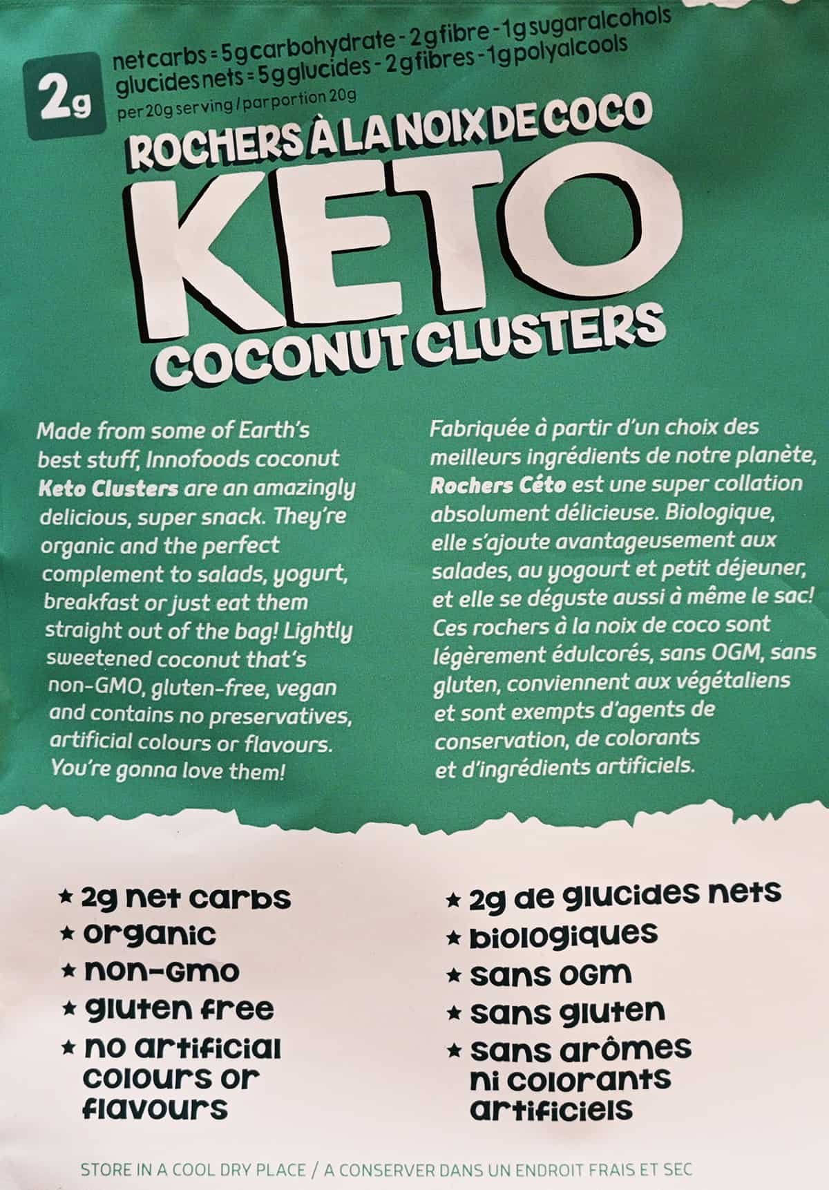 Image of the product description from the back of the bag of the coconut clusters.