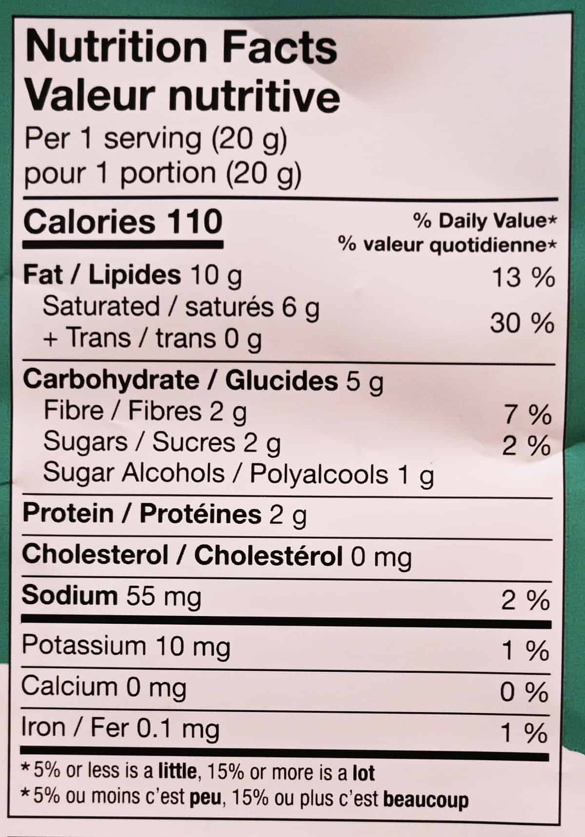 Image of the nutrition facts label from the back of the bag.