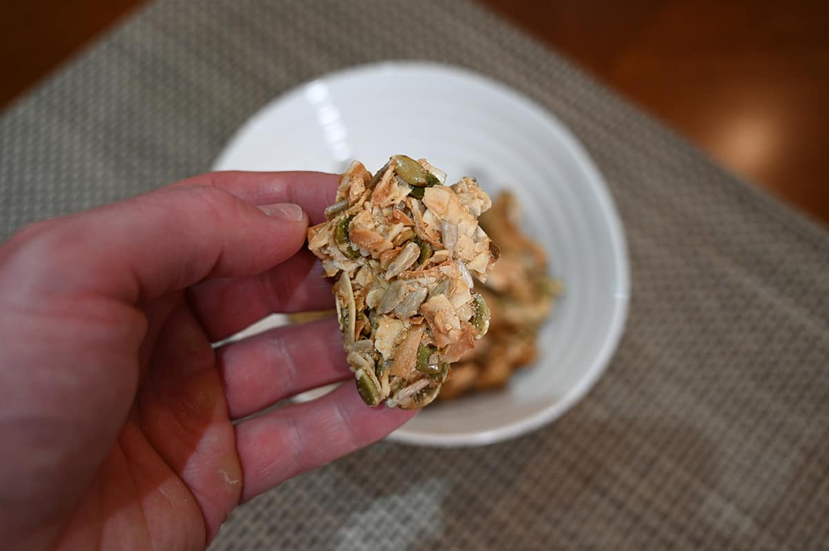 Closeup image of a hand holding one large coconut cluster with a bowl of coconut clusters in the background.