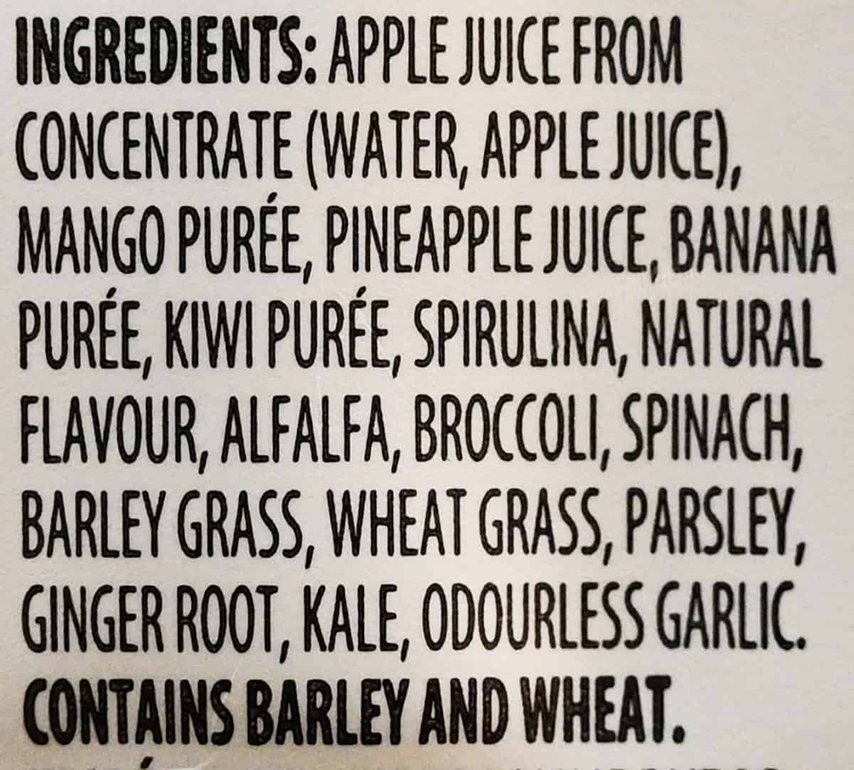 Green machine ingredients label from the back of the container.