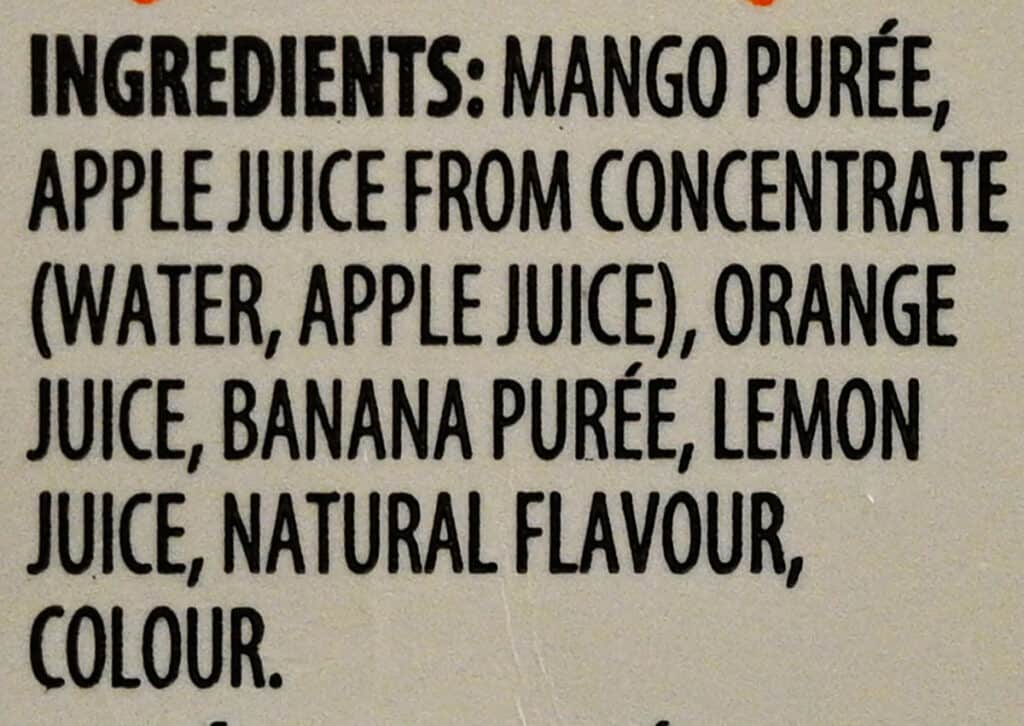 Mighty mango ingredients label from the back of the container.