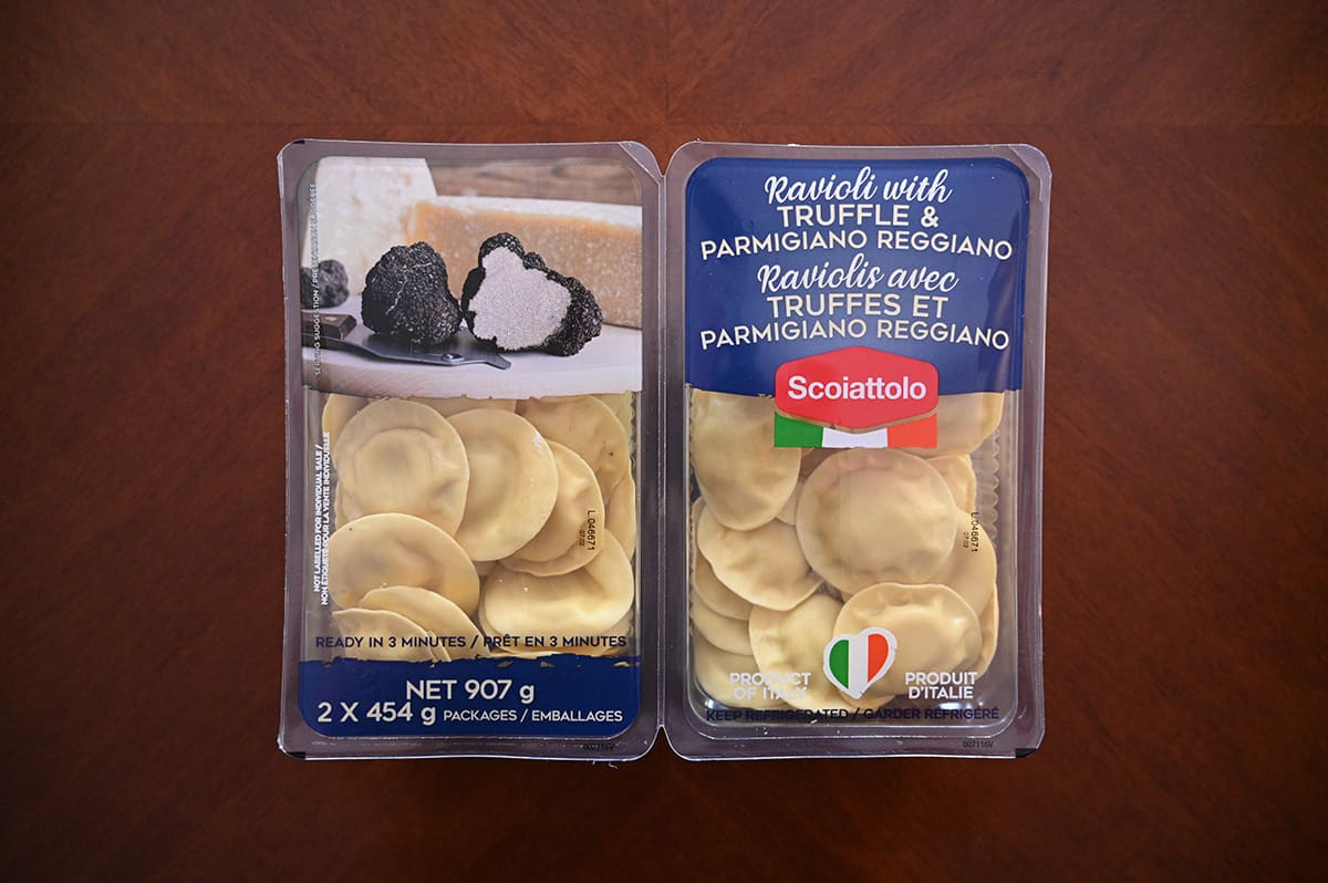 Top down image of the Scoiattolo Ravioli with Truffle & Parmigiana Reggiano package sitting on a table.