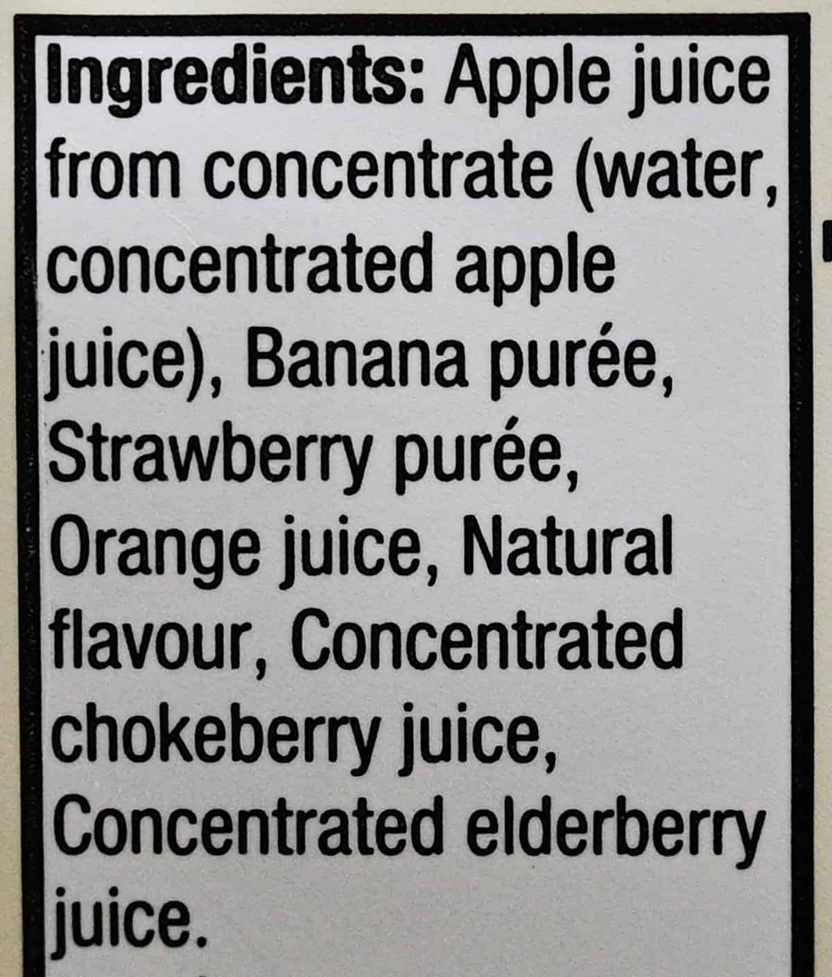Strawberry banana ingredients label from the back of the container.