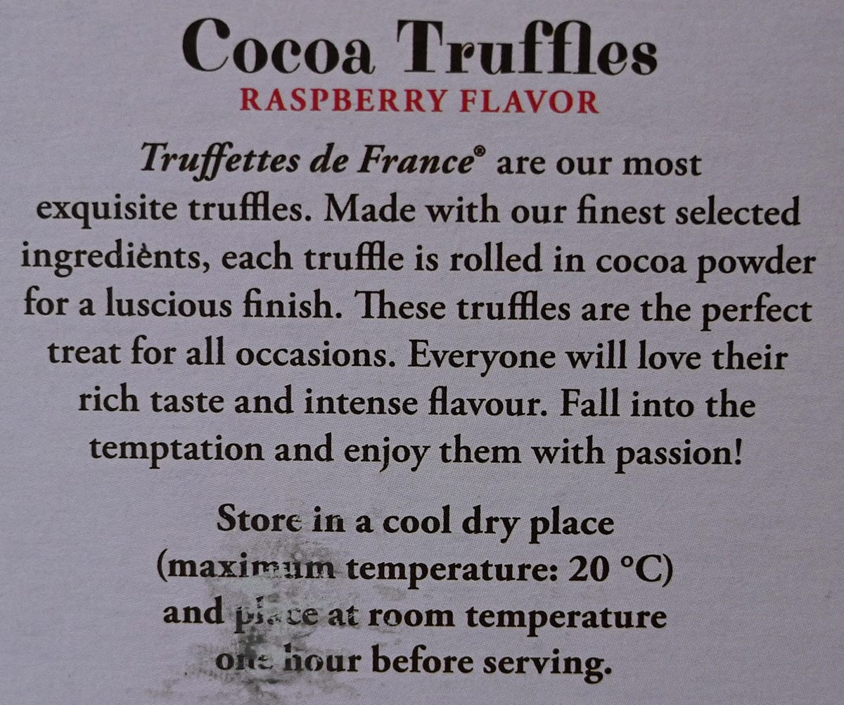 Image of the product description for the truffles from the back of the box.