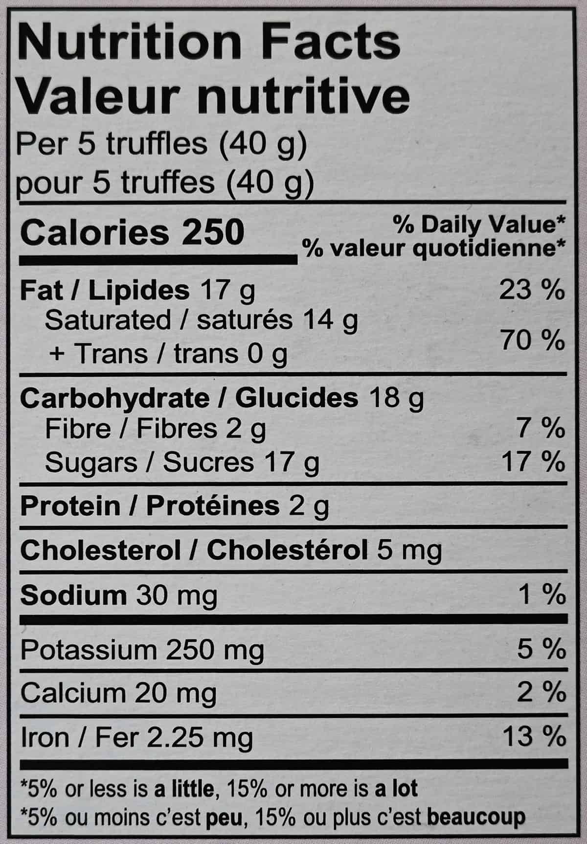 Image of the nutrition facts label for the truffles from the back of the box.