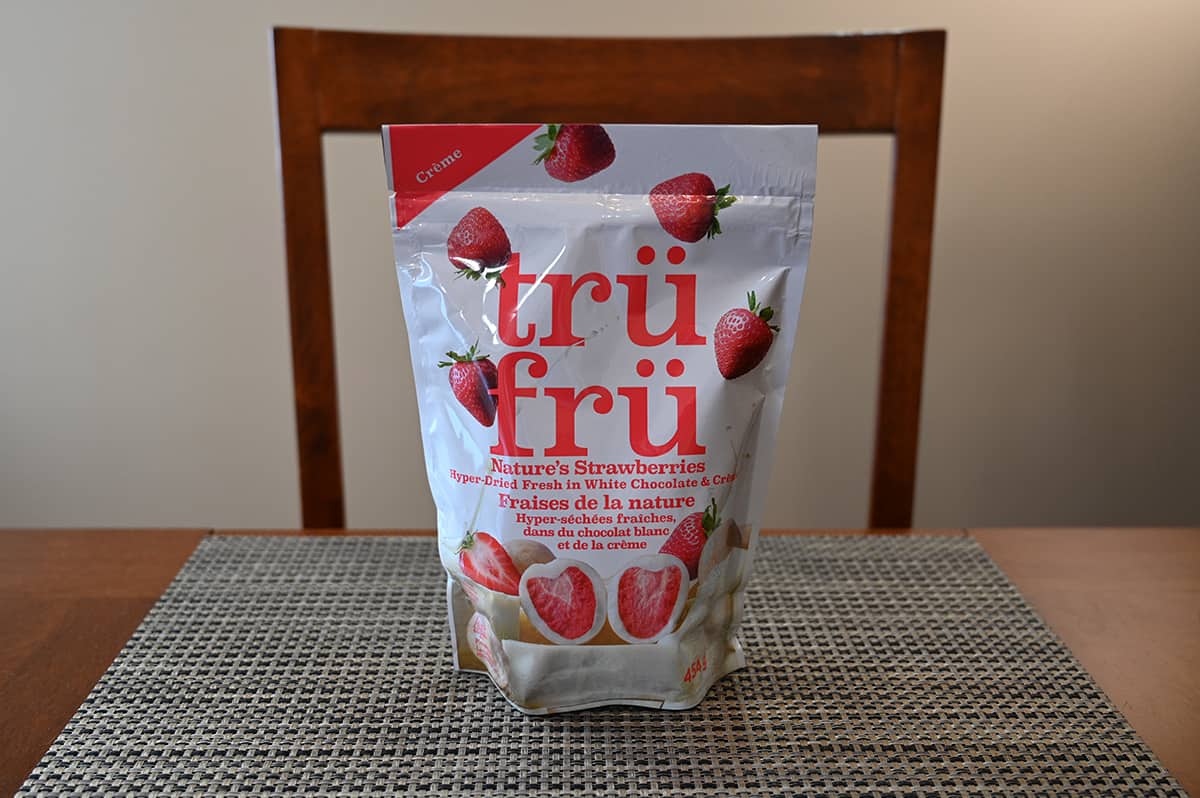 Costco Tru Fru White Chocolate & Cream Nature's Strawberries bag sitting on a table.