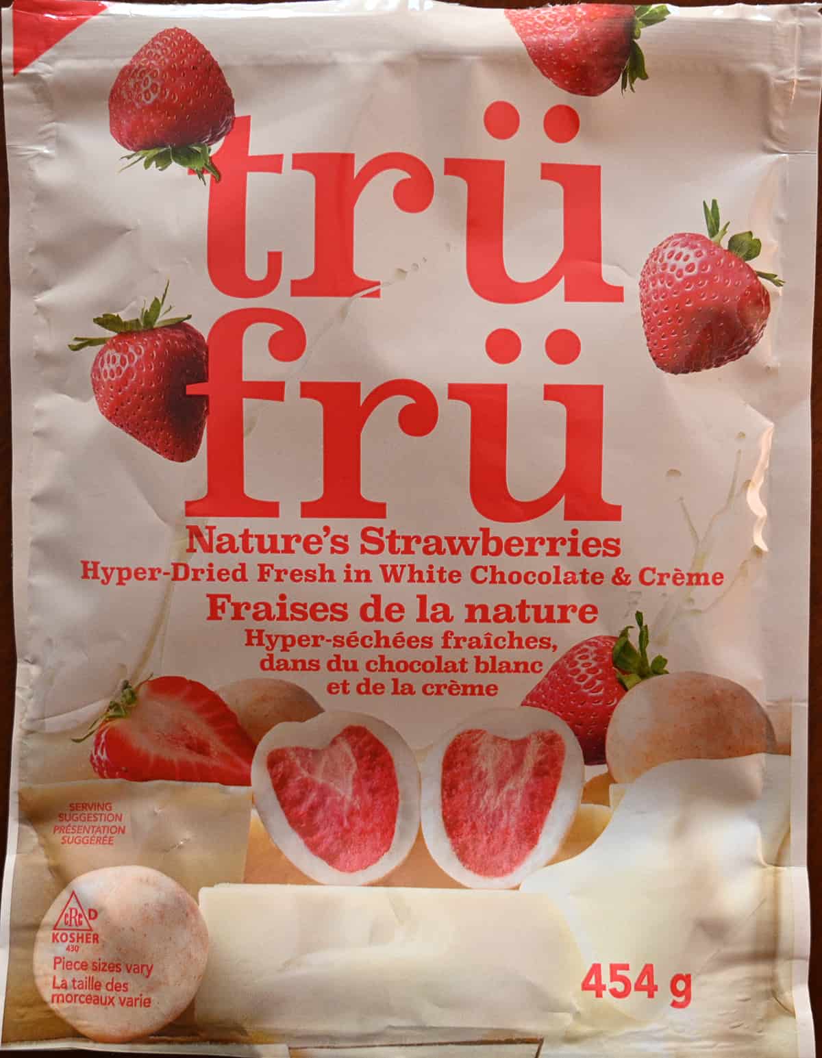 Closeup image of the front of the bag of the Costco Tru Fru White Chocolate & Cream Nature's Strawberries.