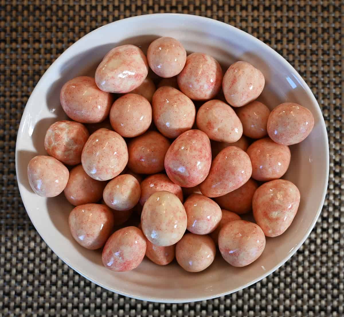 Top down image of the chocolates poured into a white bowl.