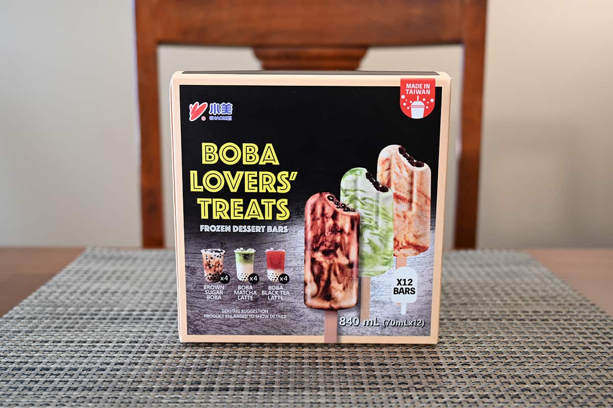 Image of the Boba Lovers' frozen dessert bars box sitting on a table.