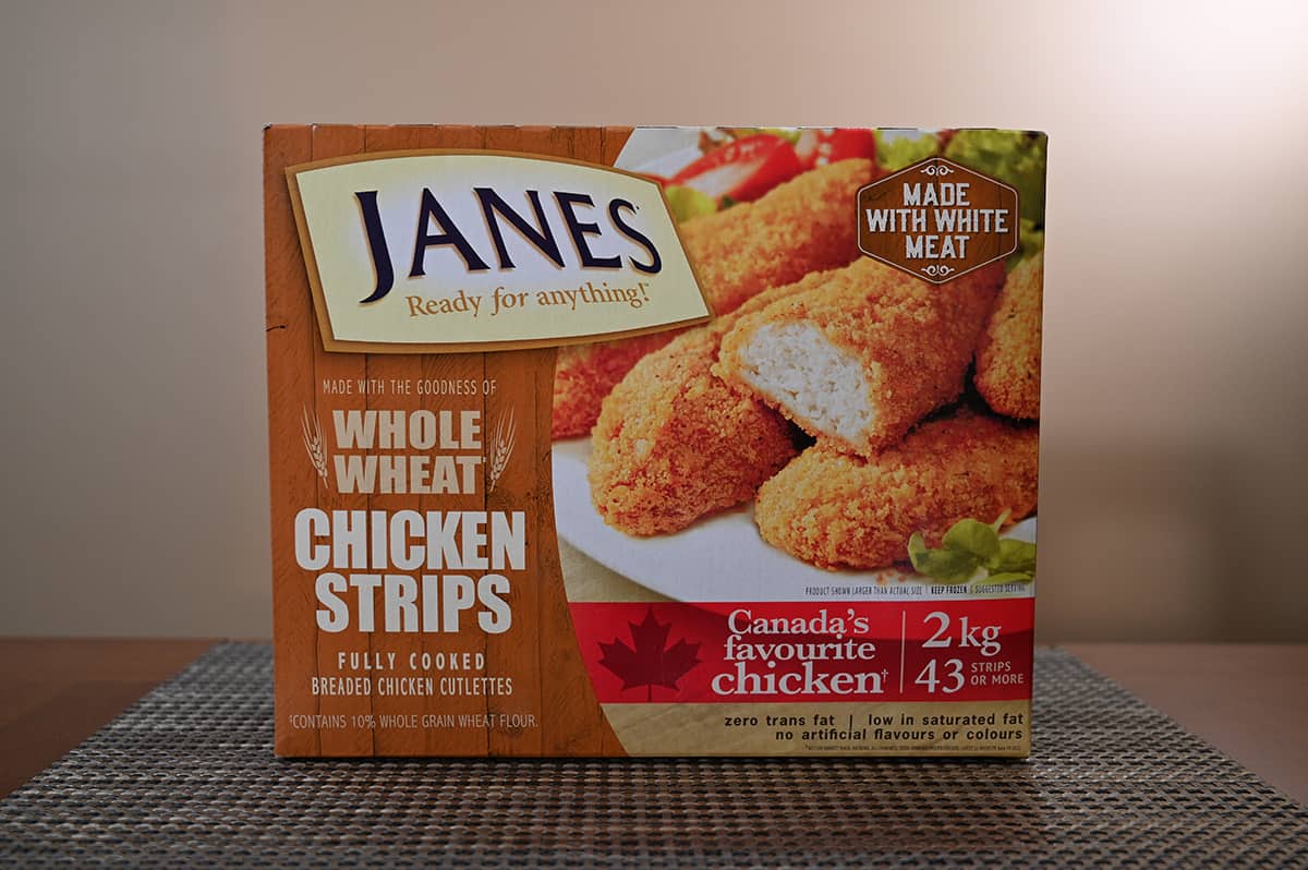 Costco Janes Whole Wheat Chicken Strips box sitting on a table.