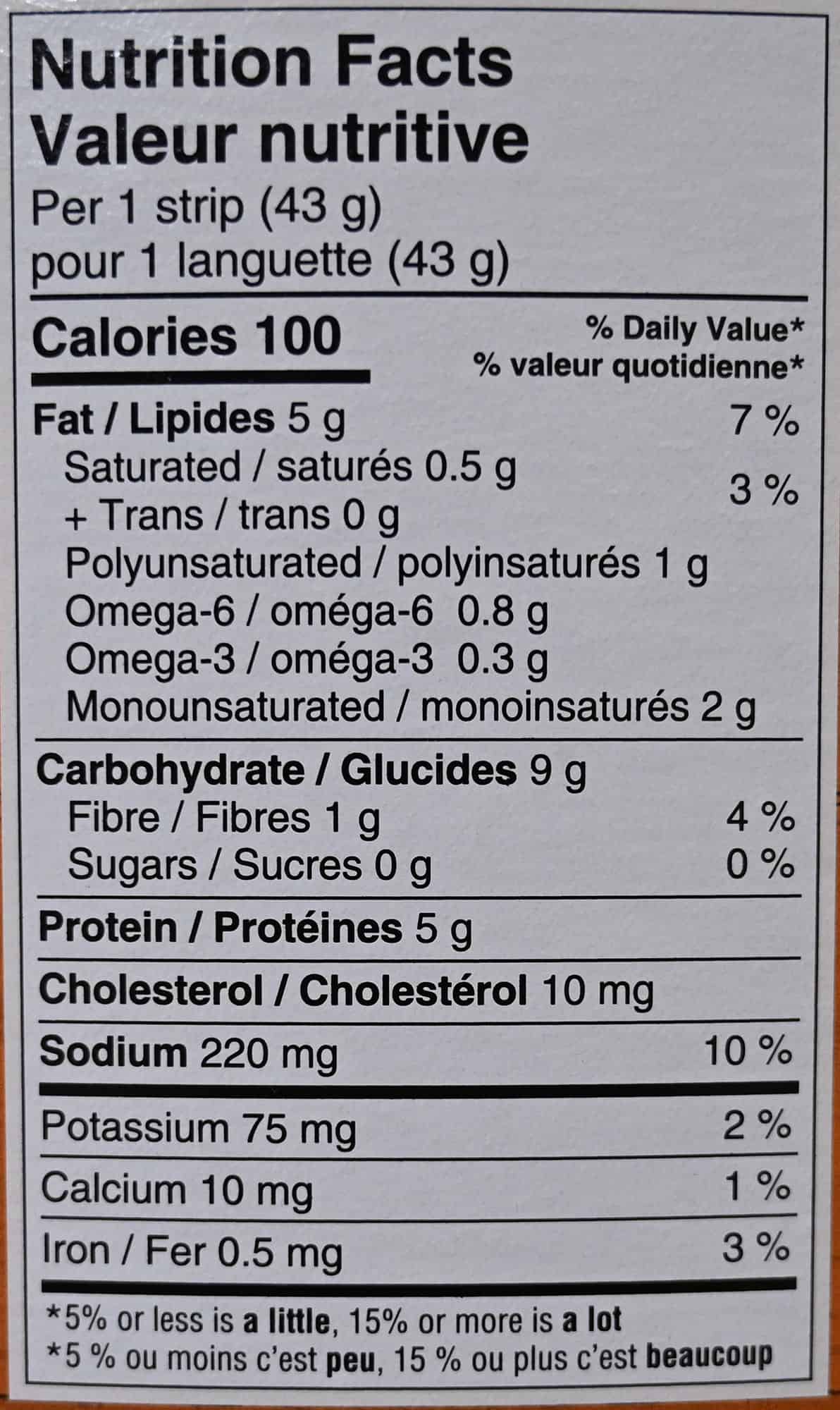 Image of the nutrition facts for the chicken strips from the box.