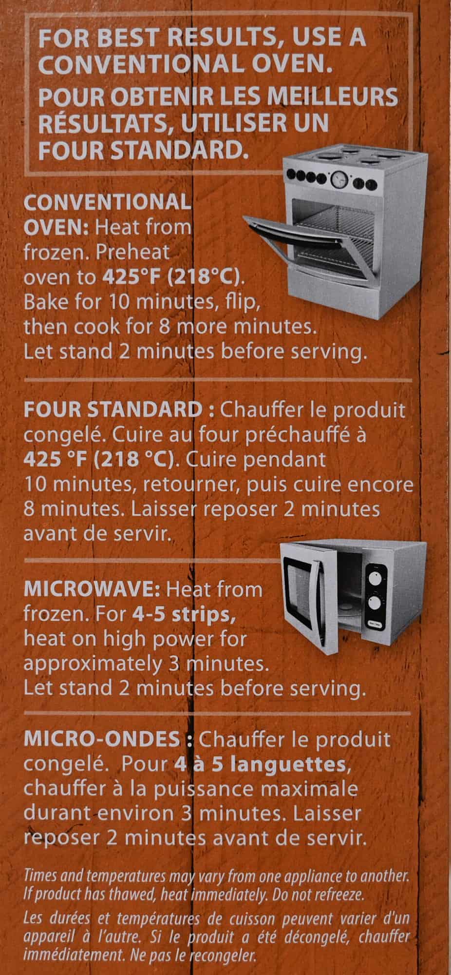 Image of the cooking instructions for the chicken strips from the box.