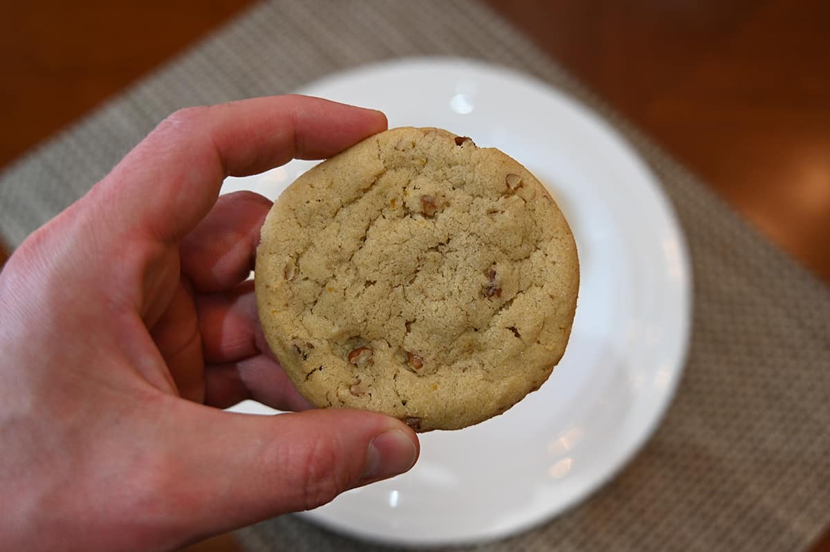 Closeup image of a hand holding one cookie close to the camera.