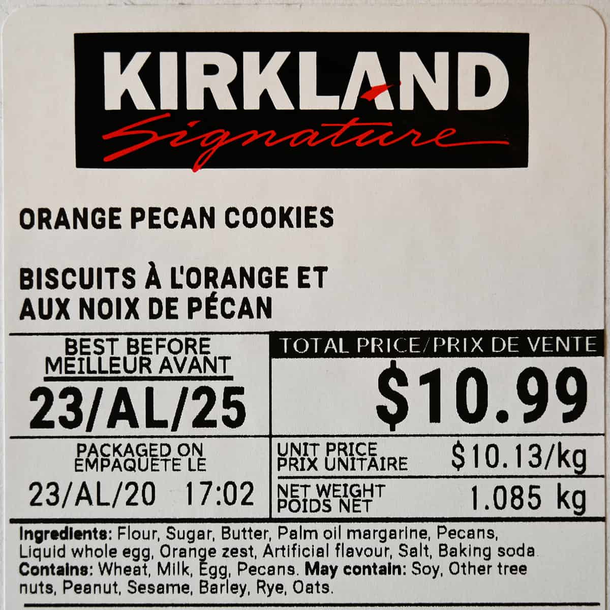 Closeup image of the front label of the cookie package showing the best before date and price.