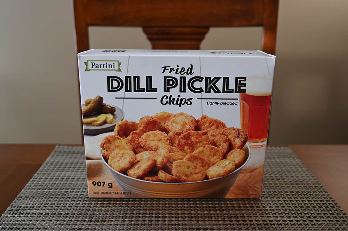 Costco Partini Fried Dill Pickle Chips box sitting on a table.