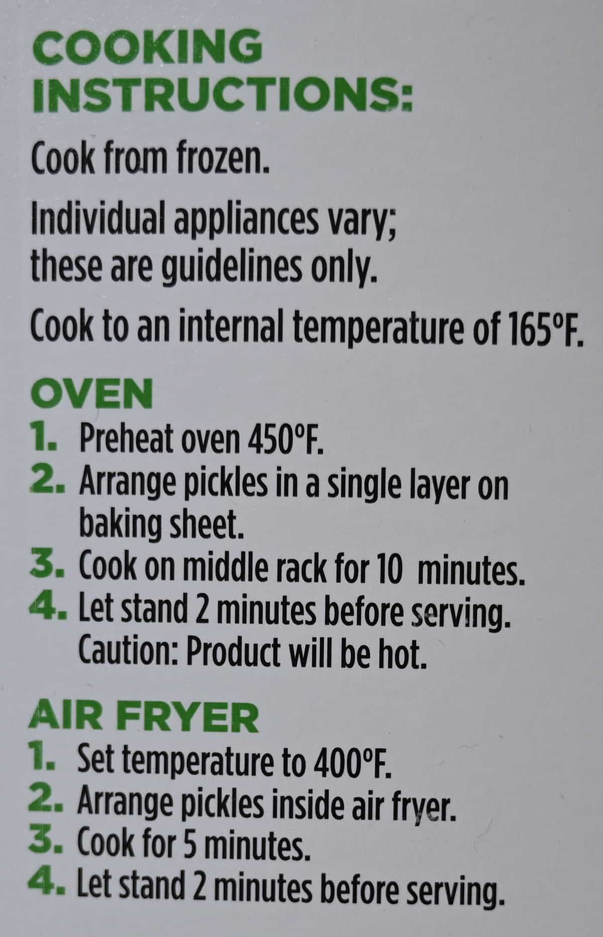 Image of the dill pickle chips cooking instructions from the back of the box.