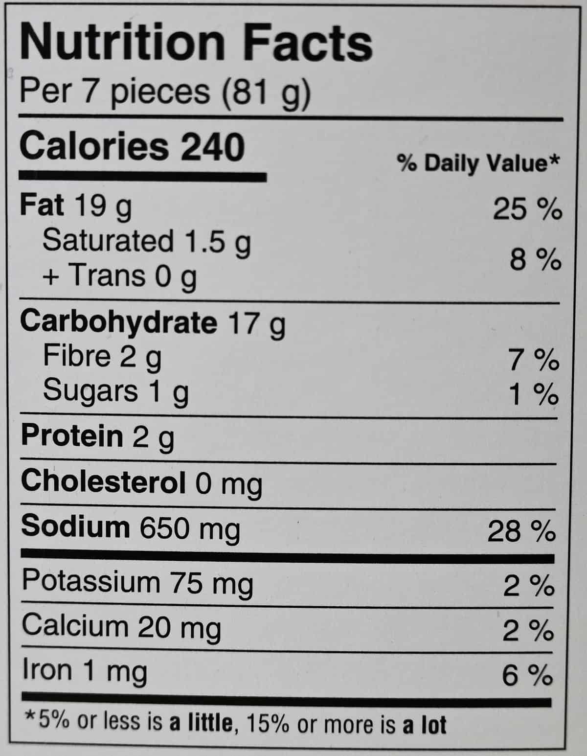 Image of the nutrition facts from the back of the box.