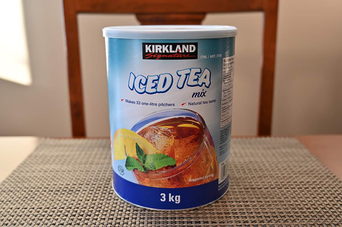 Image of the Costco Kirkland Signature Iced Tea Mix container sitting on a table.