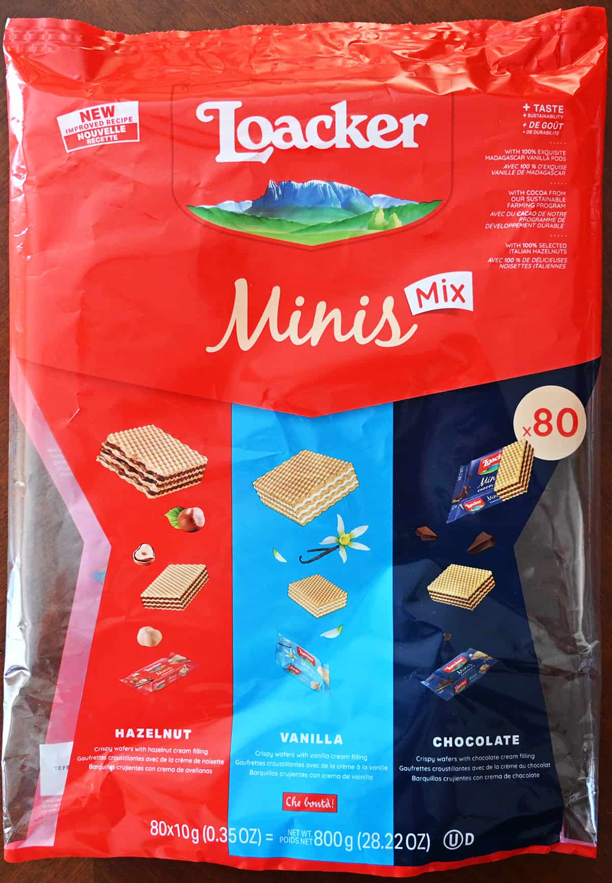 Closeup image of the front of bag of Loacker Minis Mix.