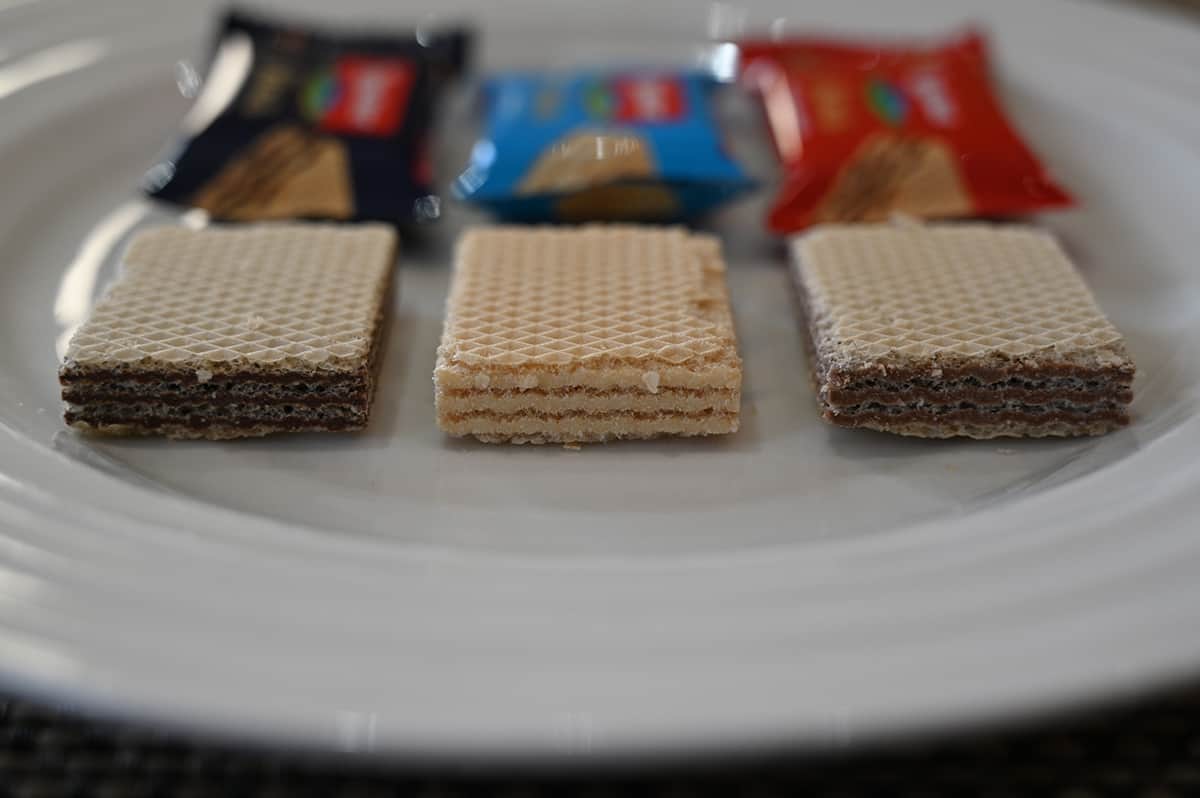 Closeup side view image of the wafer cookies showing the layers of wafer and filling.