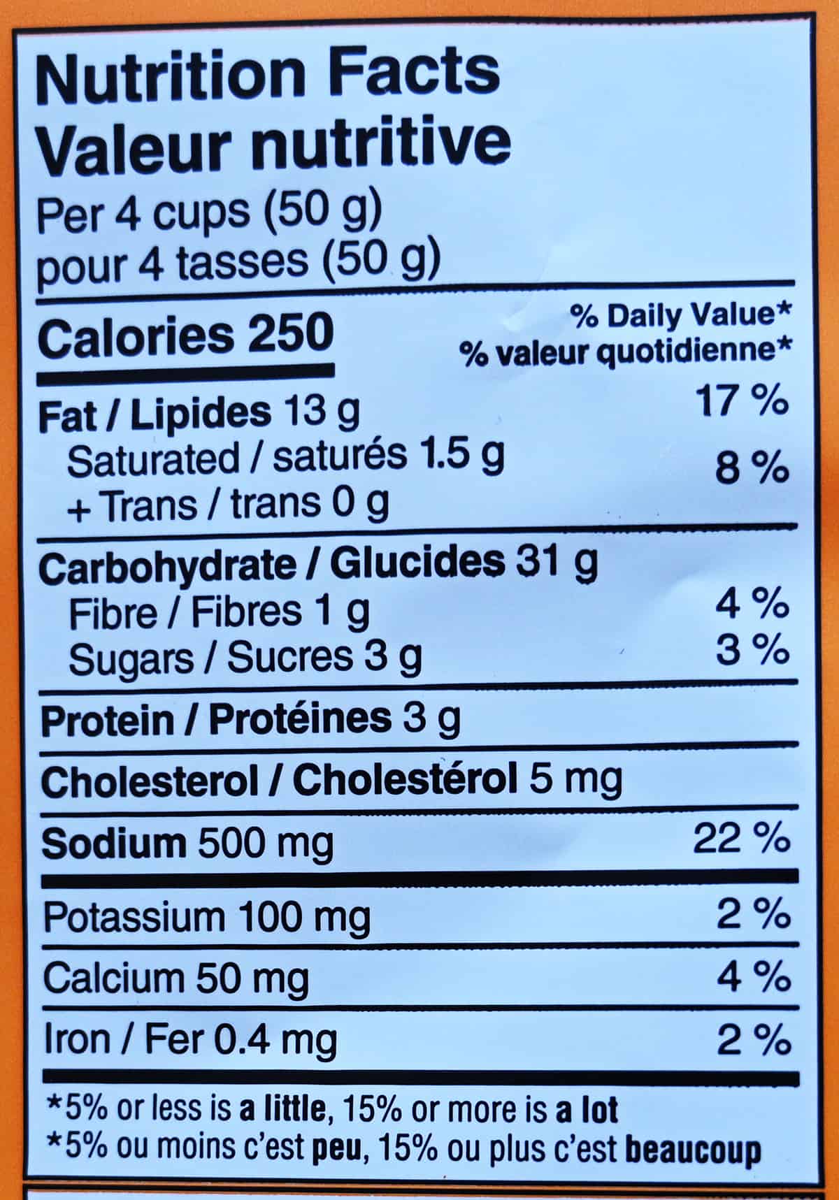 Image of the nutrition facts label from the back of the bag.