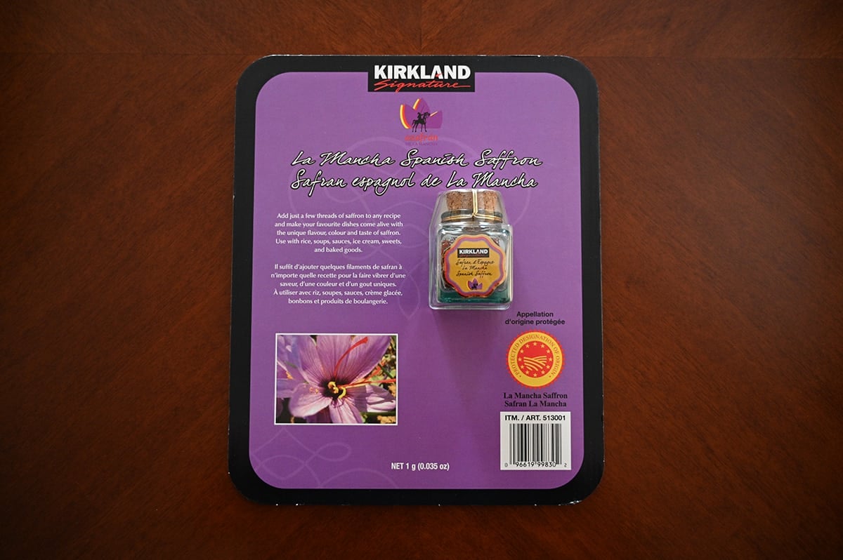 Image of the Costco Kirkland Signature La Mancha Spanish Saffron packaging sitting on a table.