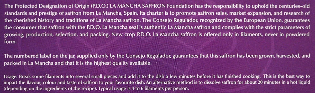 Image showing the product description for the saffron explaining that it is certified from La Mancha, from the back of the package.