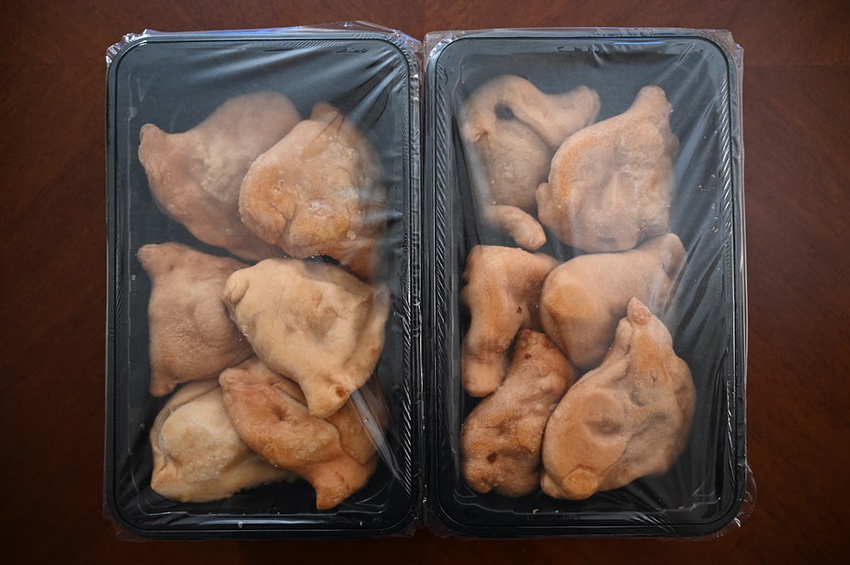 Image of the plastic packaging the samosas come in with six samosas in each side of the package.