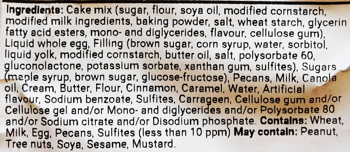 Image of the maple pecan coffee cake ingredients list from the package.