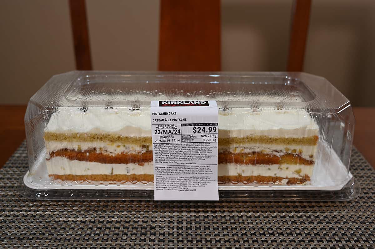 Image of the Costco Kirkland Signature Pistachio Cake sitting on a table.