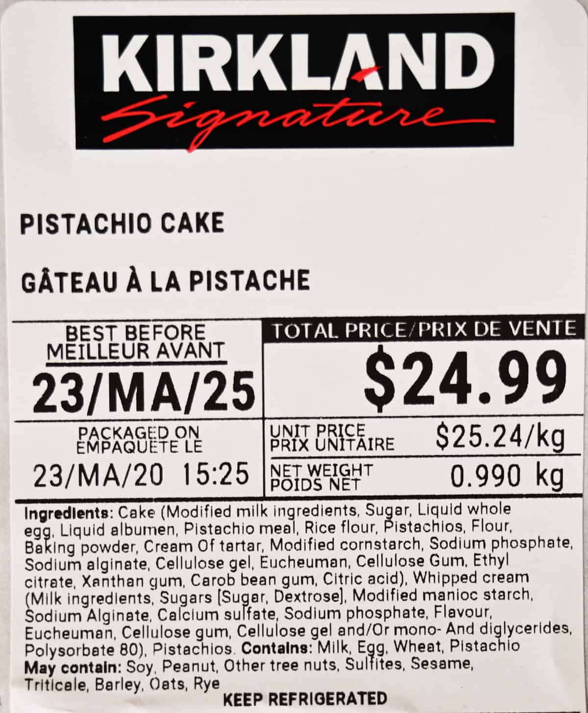 Image of the label on the pistacho cake showing ingredients, cost and best before date.
