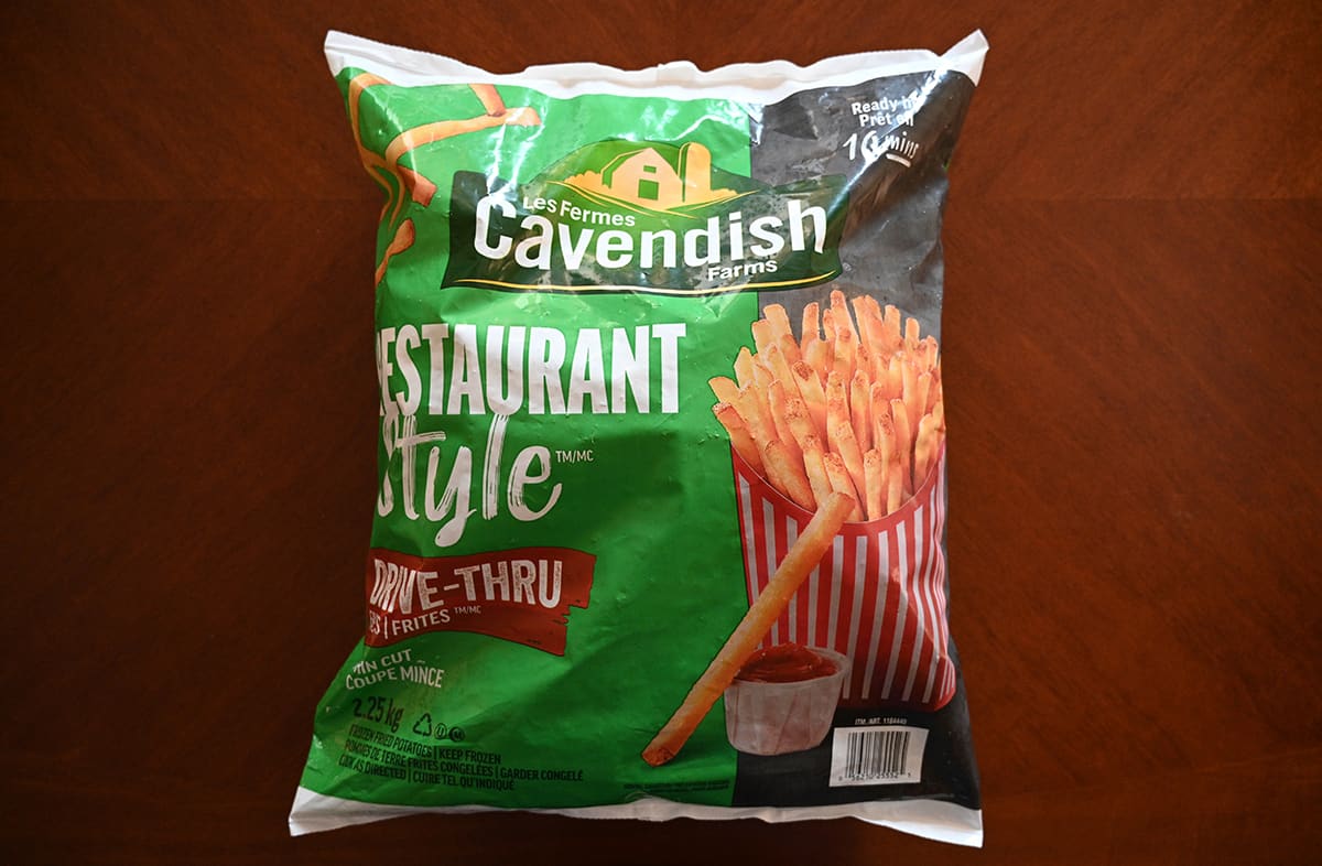 Top down image of the Costco Cavendish Restaurant Style Drive-Thru Fries bag sitting on a table.
