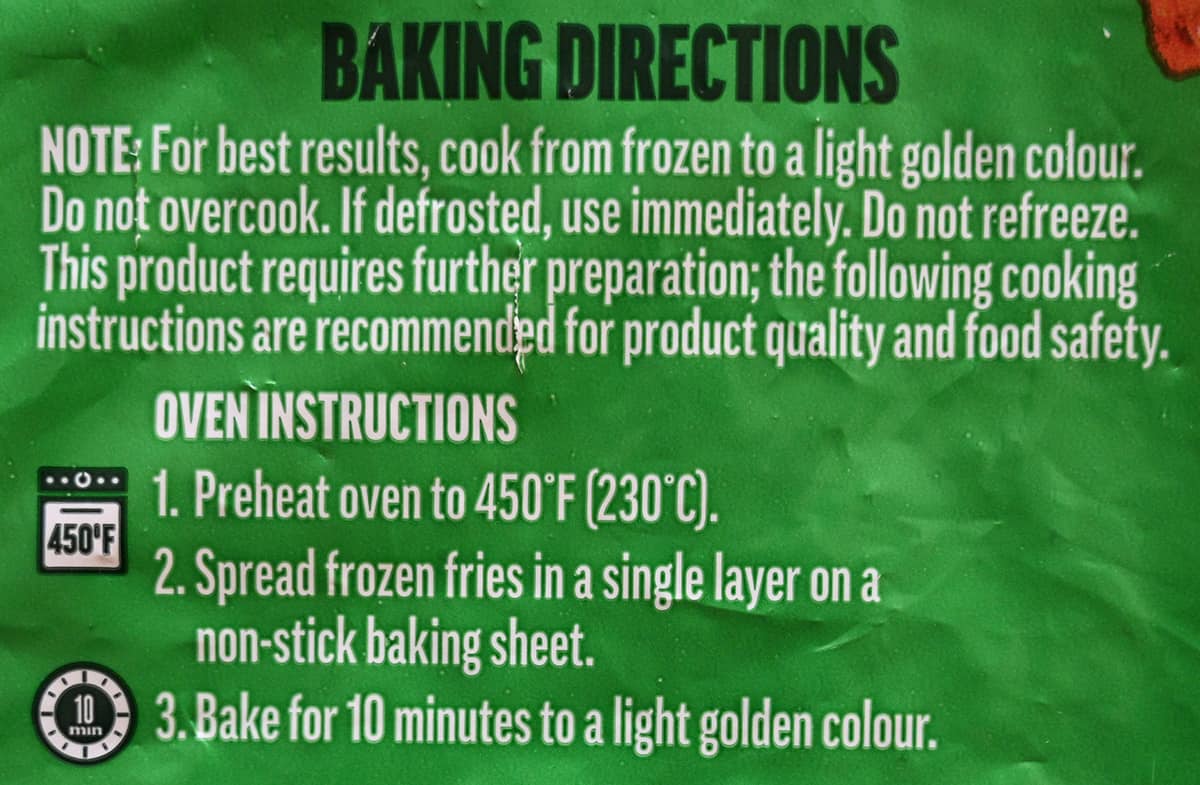 Image of the baking directions for the fries.