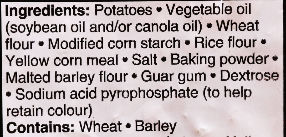 Image of the ingredients label for the fries from the back of the bag.