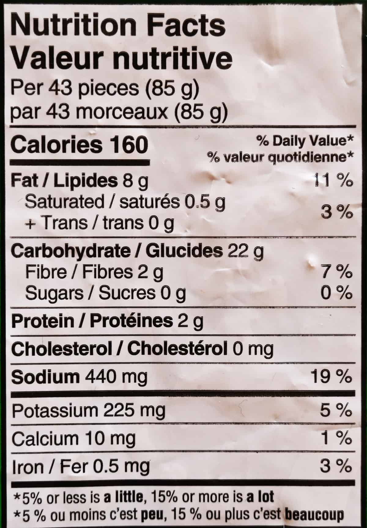 Image of the nutrition facts label for the fries from the bag.