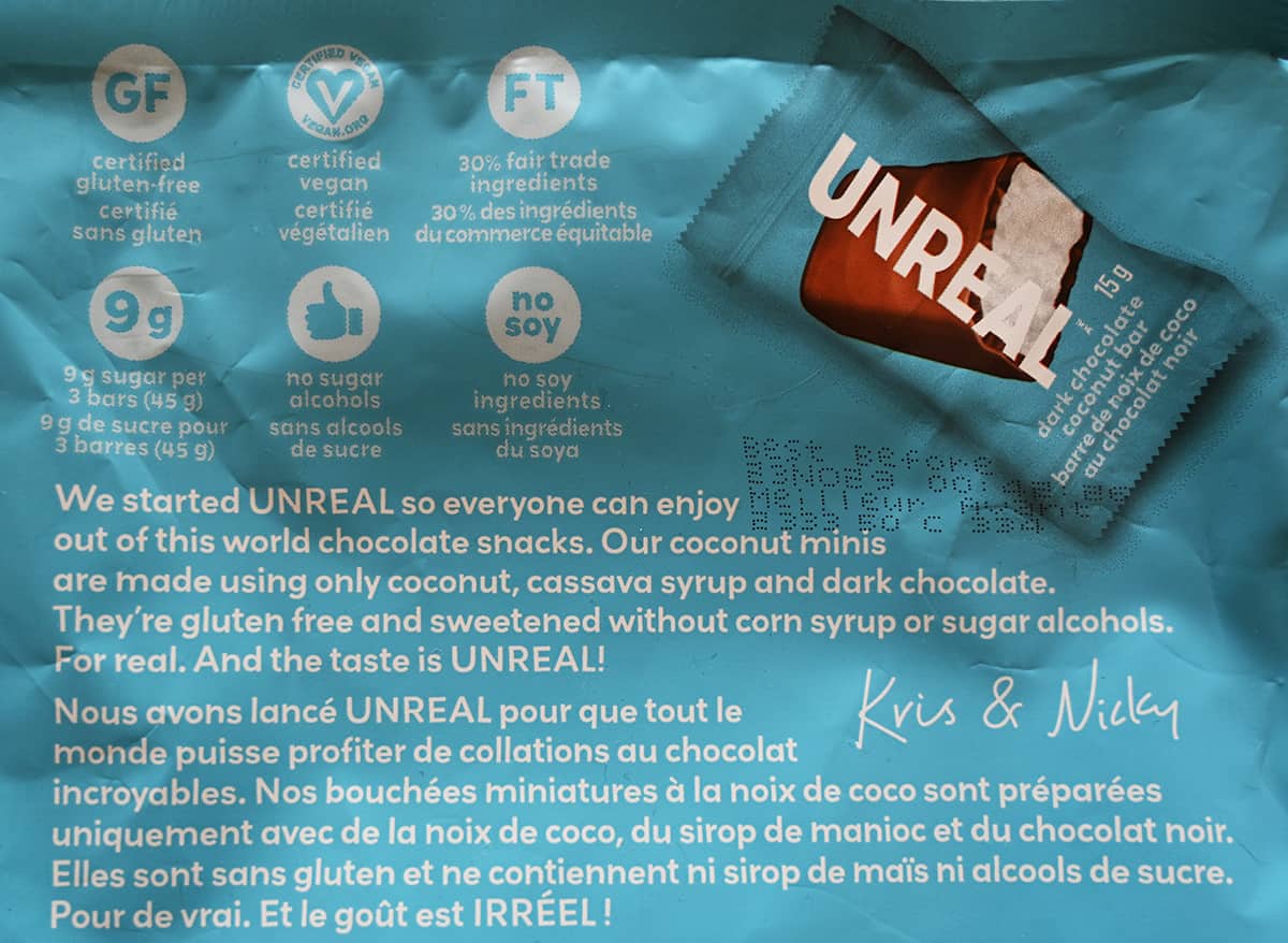 Image of the product description from the back of the bag showing no sugar alcohols, gluten free and vegan.