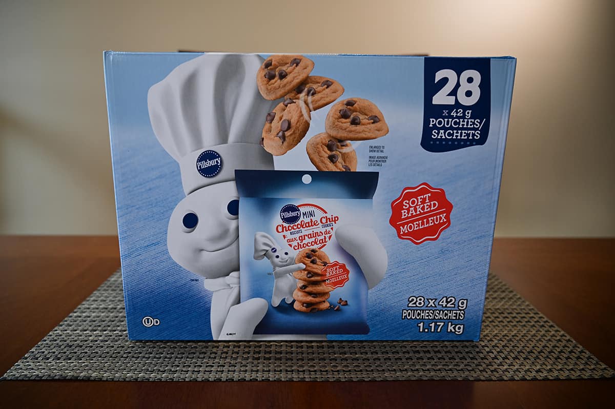 Image of the Costco Pillsbury Mini Chocolate Chip Cookies box sitting on a table.