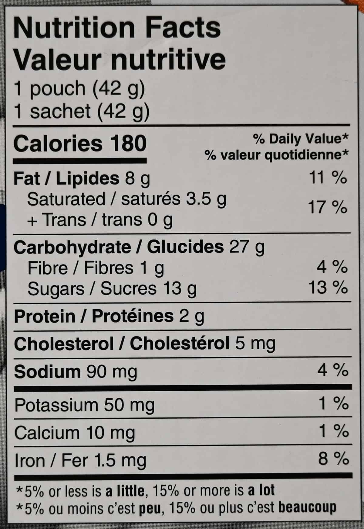 Image of the nutrition facts label for the cookies from the box.