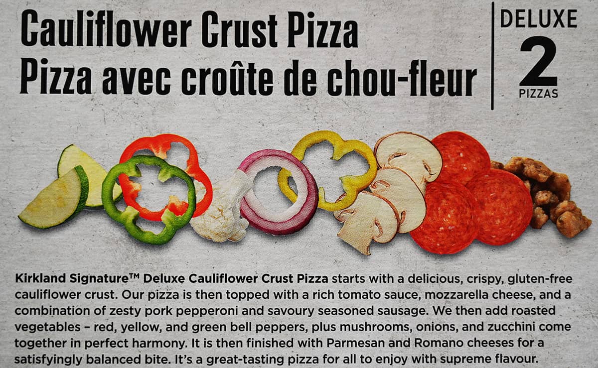 Image of the cauliflower crust pizza product description from the back of the box.
