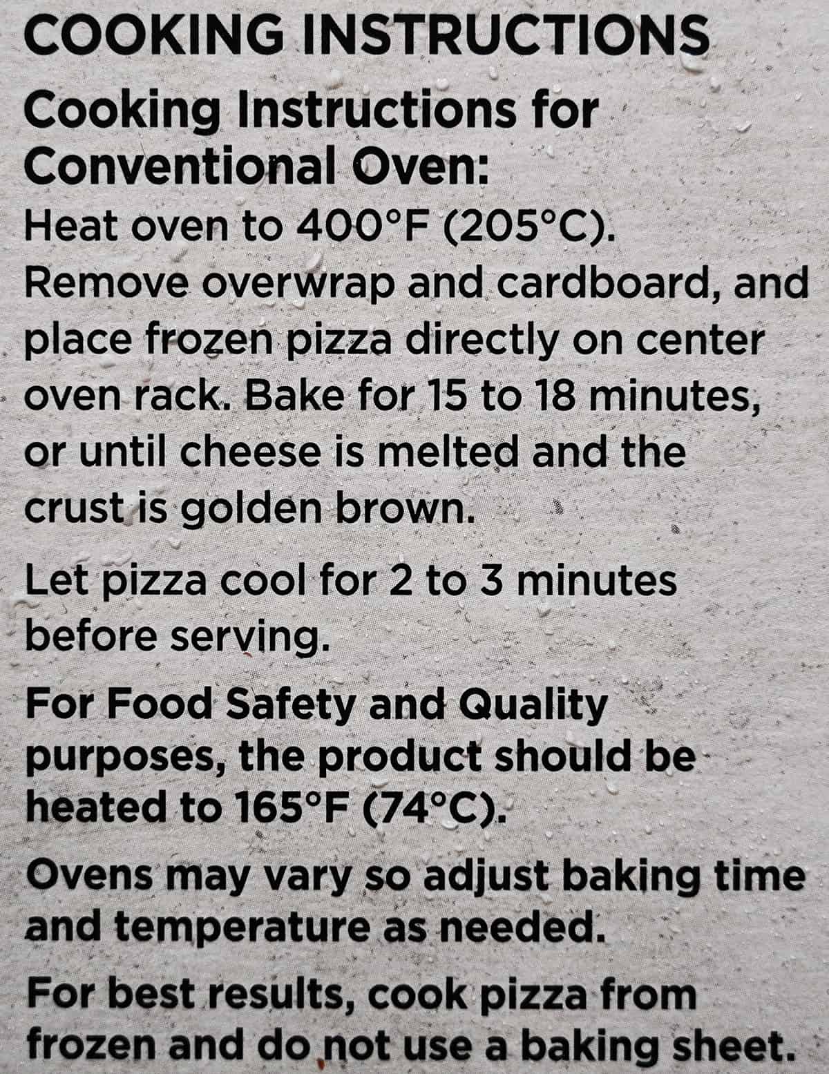 Image of the cooking instructions for the pizza from the back of the box.