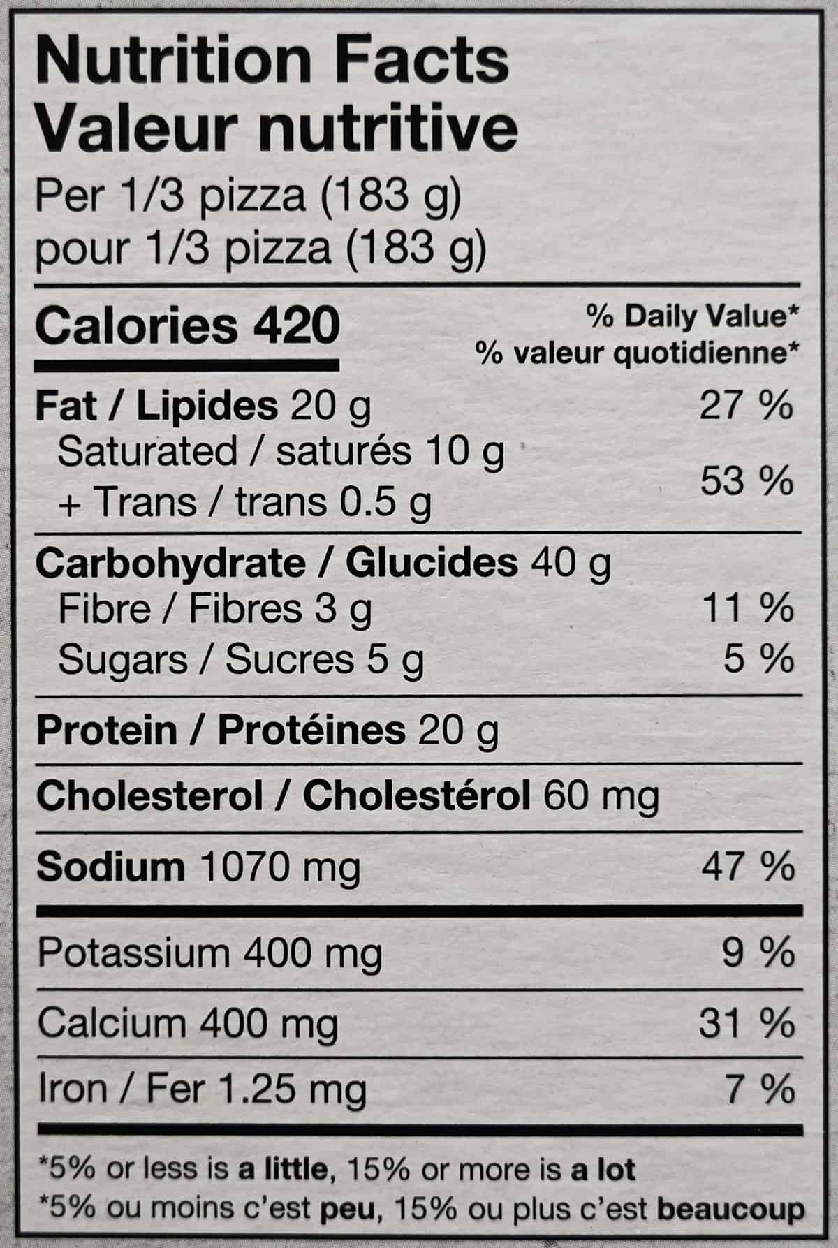 Image of the nutrition facts label from the box of pizza.