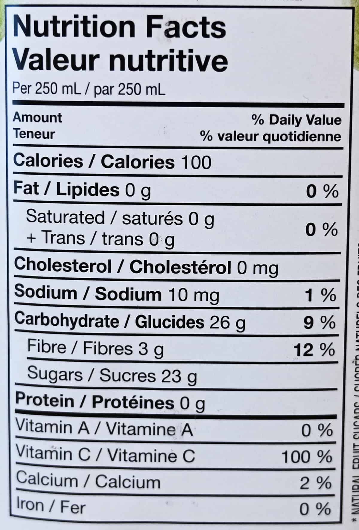 Image of the nutrition facts for the juice from the back of the container.