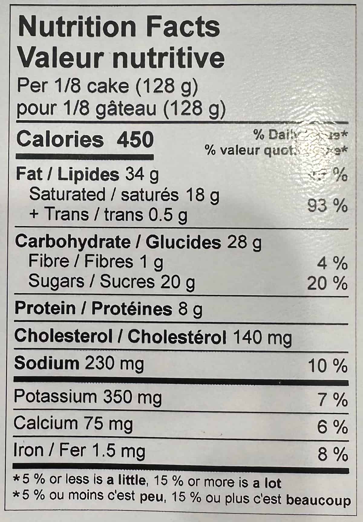 Image of the nutrition facts for the Pistachio cake.