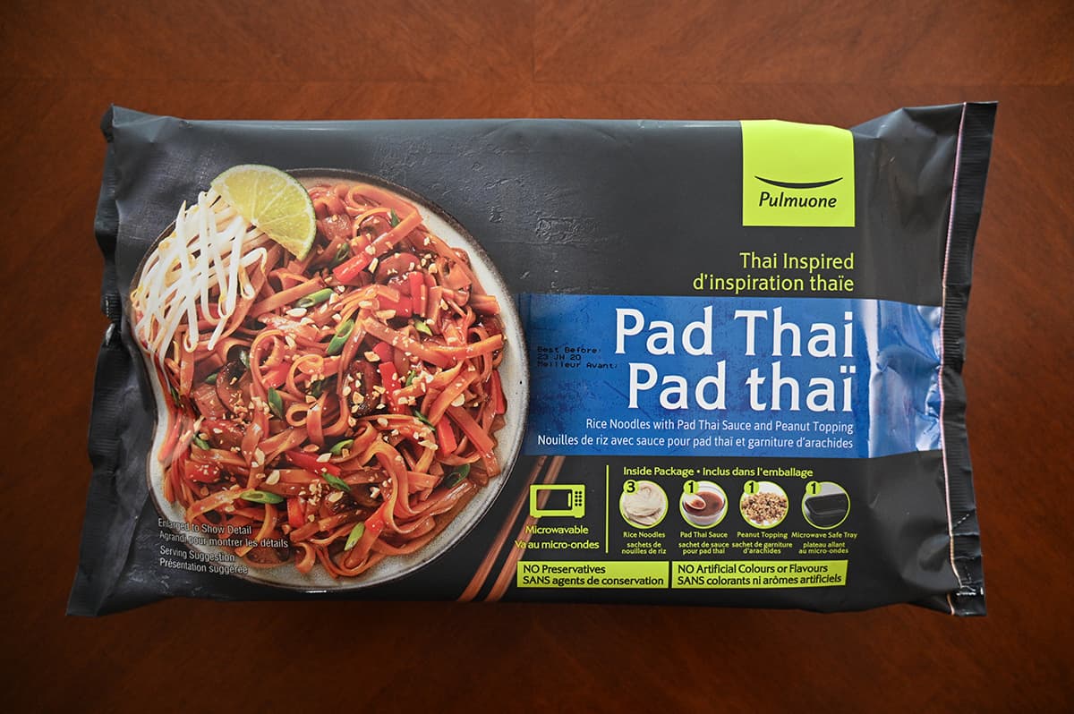 Top down of the Costco Pulmuone Pad Thai package sitting on a table. 