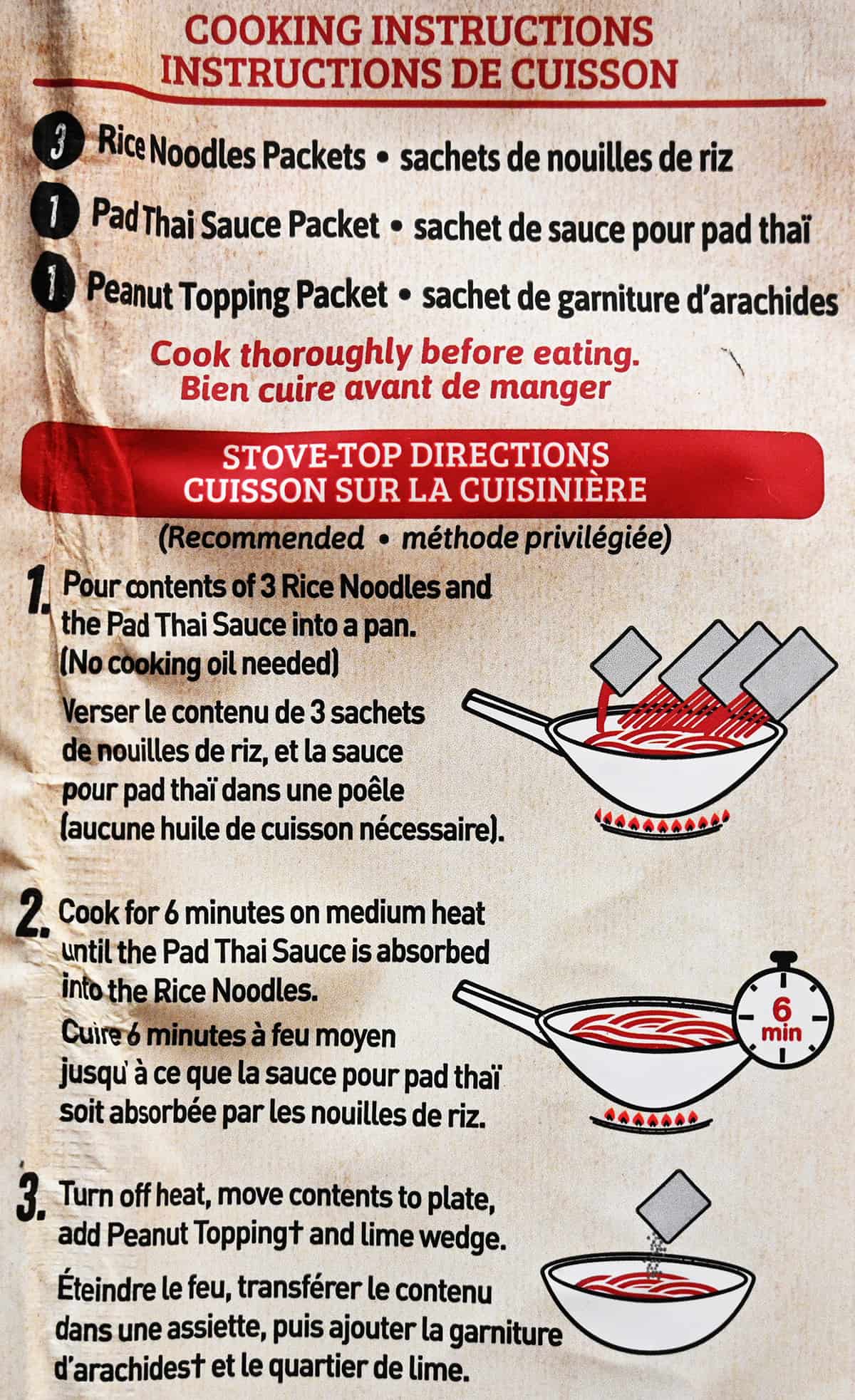 Stove-top cooking instructions for the Pad Thai from the package.