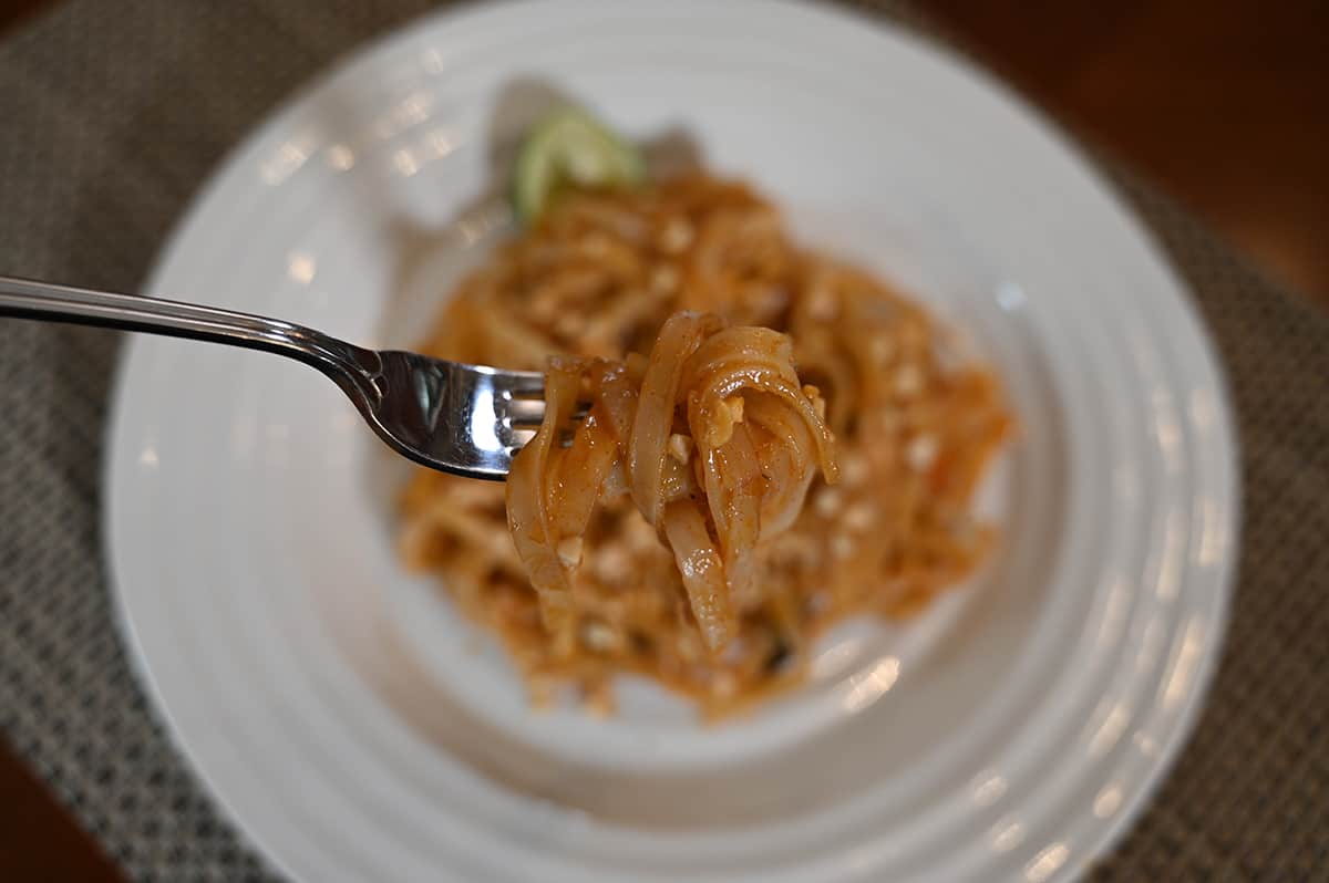 Closeup image of a forkful of Pad Thai near the camera with a plate of Pad Thai in the background.