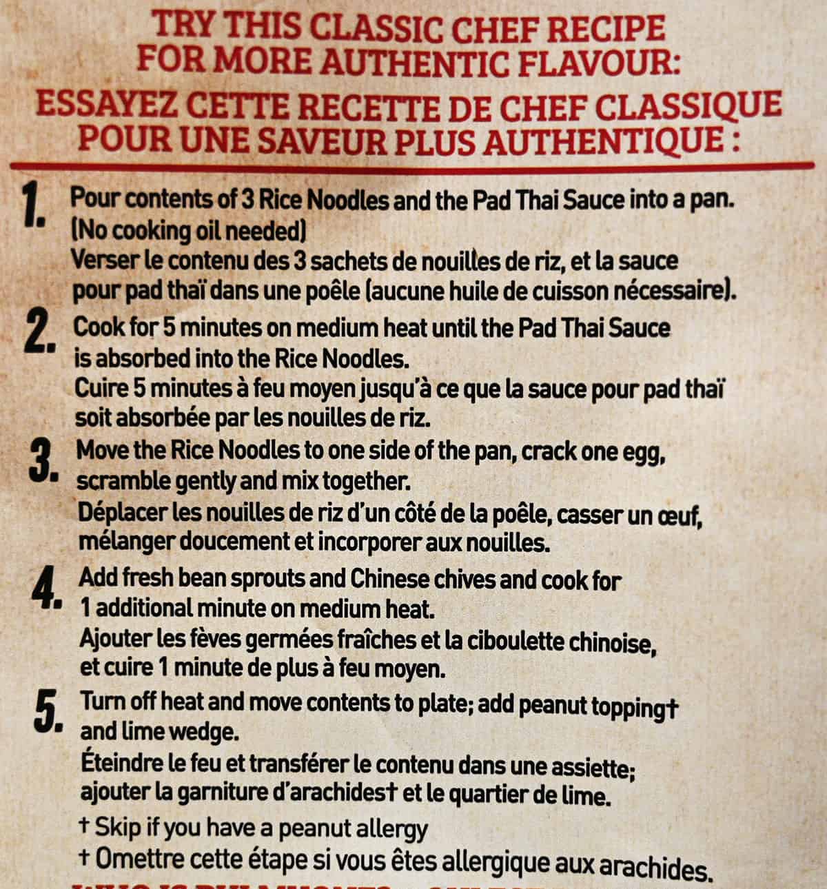 Image of a classic chef recipe for Pad Thai from the back of the package.