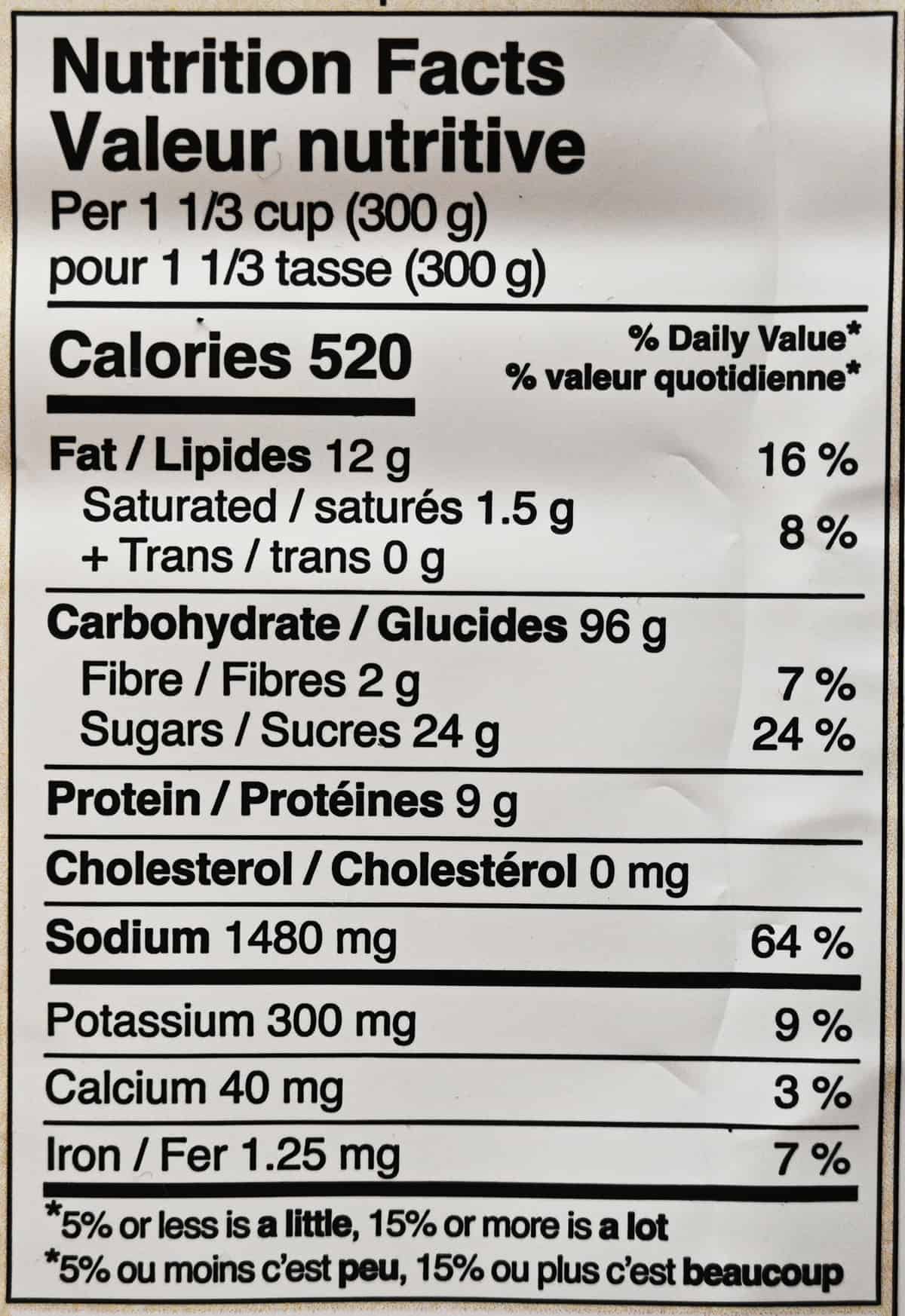 Image of the nutrition facts from the back of the package. 