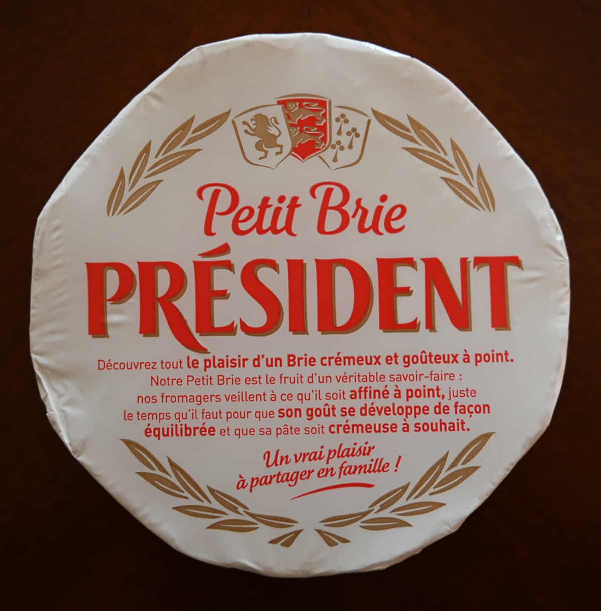 Top down image of the Brie wheel in its individual packaging.